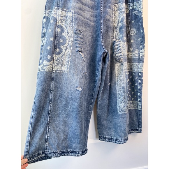 NWT Three Bird Nest High Hopes Slouchy Denim Overalls M Blue Bandana Jumpsuit - Picture 6 of 13